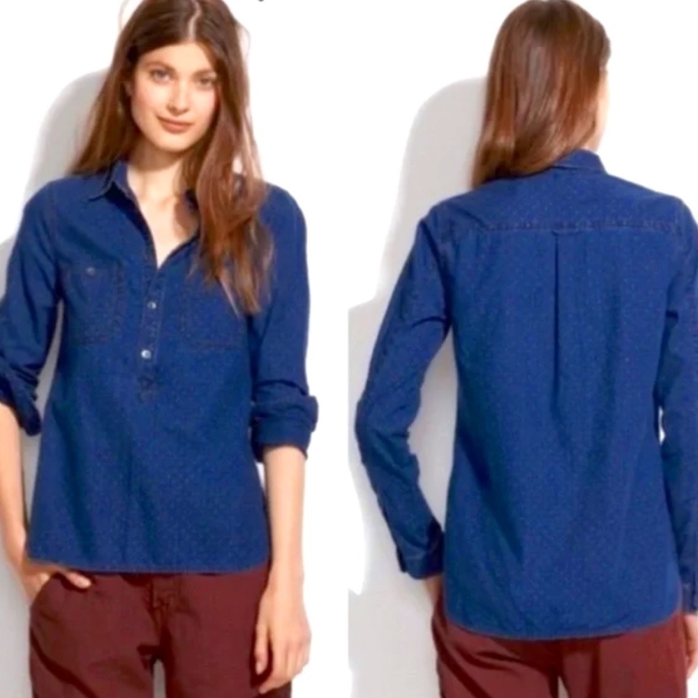 EUC Madewell Cotton Denim Pin Dot Pullover Shirt Size Small